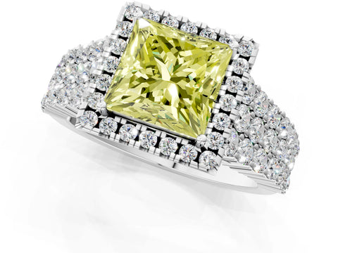 White gold Fancy Yellow Princess Cut Halo Pavé Diamond Engagement Ring with Split Shank and Four-Prong Setting_4