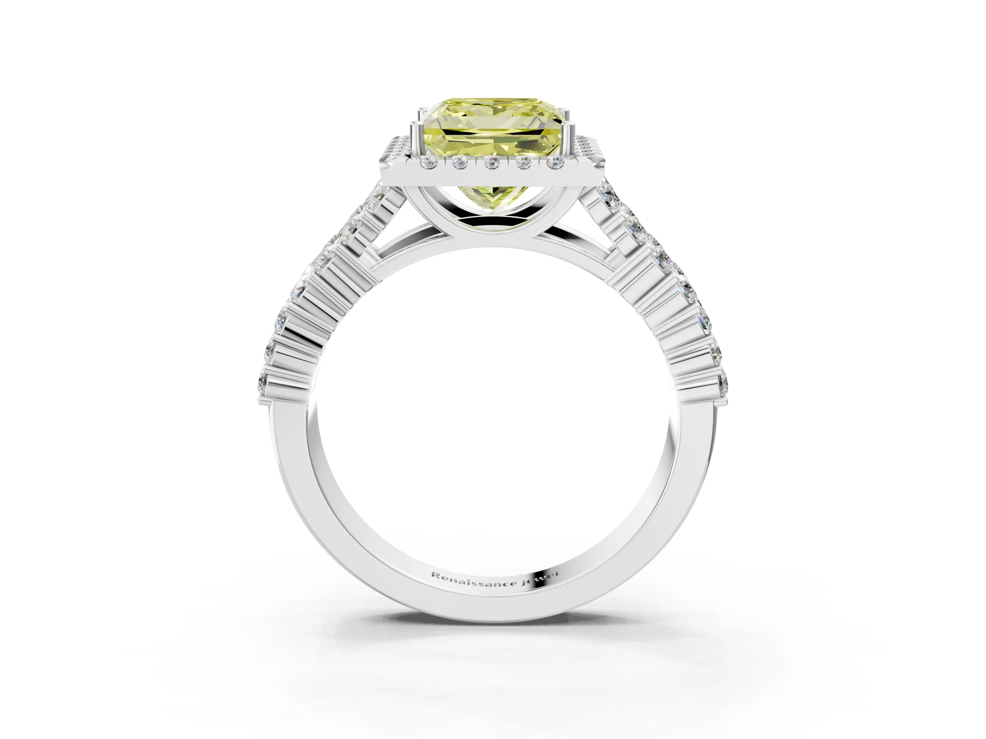White gold Fancy Yellow Princess Cut Halo Pavé Diamond Engagement Ring with Split Shank and Four-Prong Setting_6