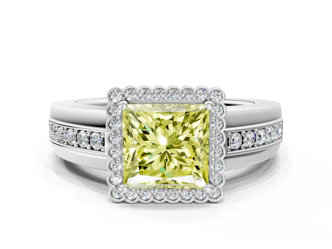 White gold Fancy Yellow Princess  Cut Halo Pave Band Four-Prong Ring_29