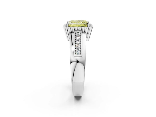White gold Fancy Yellow Princess  Cut Halo Pave Band Four-Prong Ring
