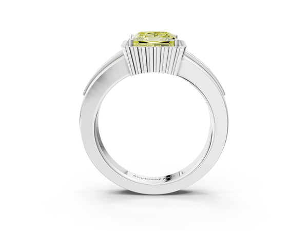 White gold Fancy Yellow Princess  Cut Halo Pave Band Four-Prong Ring