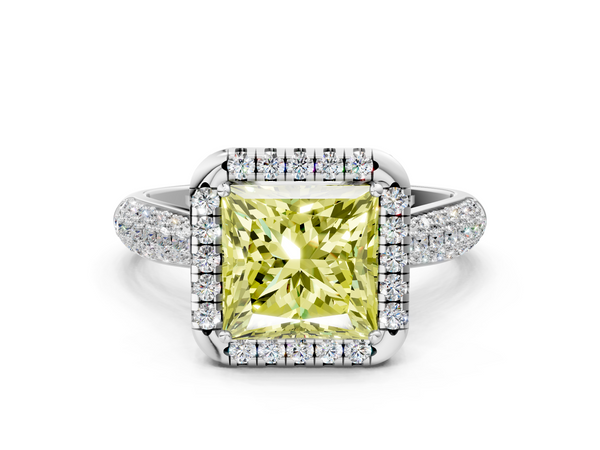 Platinum Fancy Yellow Princess  Cut Halo Pave Band Four-Prong Setting Ring