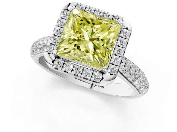 Platinum Fancy Yellow Princess  Cut Halo Pave Band Four-Prong Setting Ring