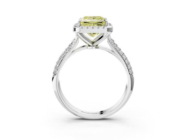 Platinum Fancy Yellow Princess  Cut Halo Pave Band Four-Prong Setting Ring