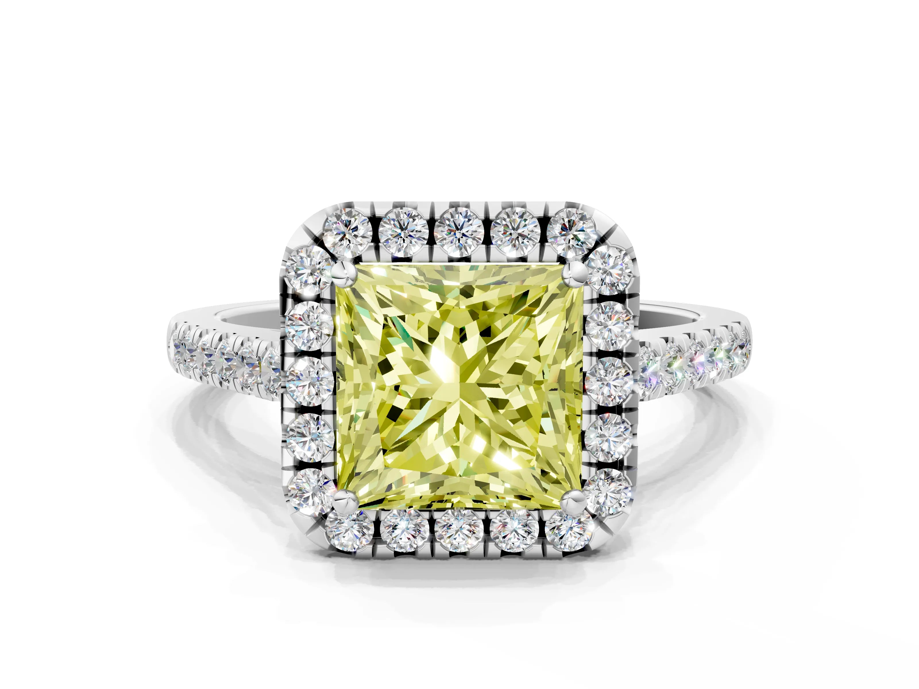 White gold Fancy Yellow Princess Cut Halo Pave Diamond Engagement Ring with Four-Prong Setting