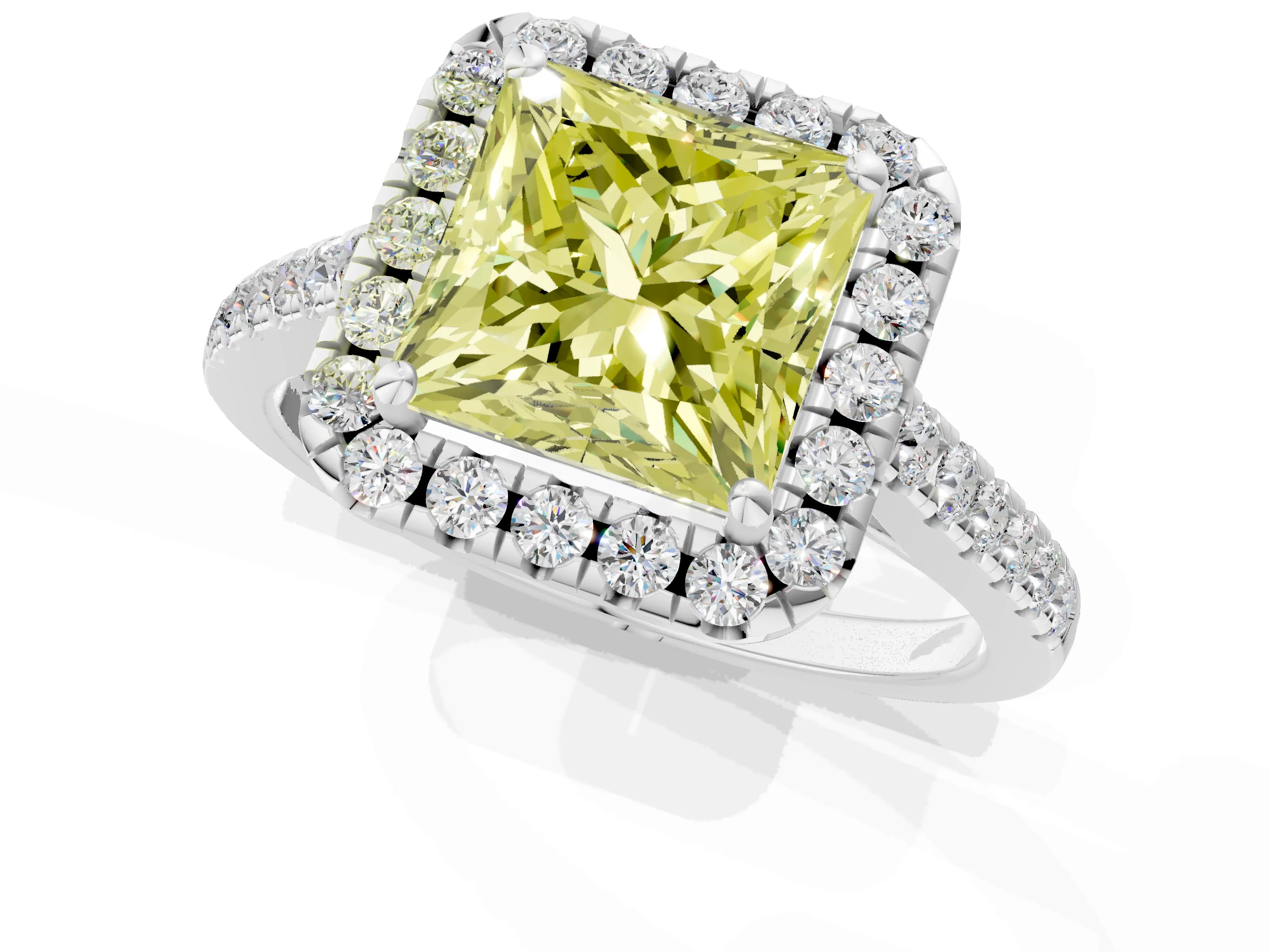 White gold Fancy Yellow Princess Cut Halo Pave Diamond Engagement Ring with Four-Prong Setting_1