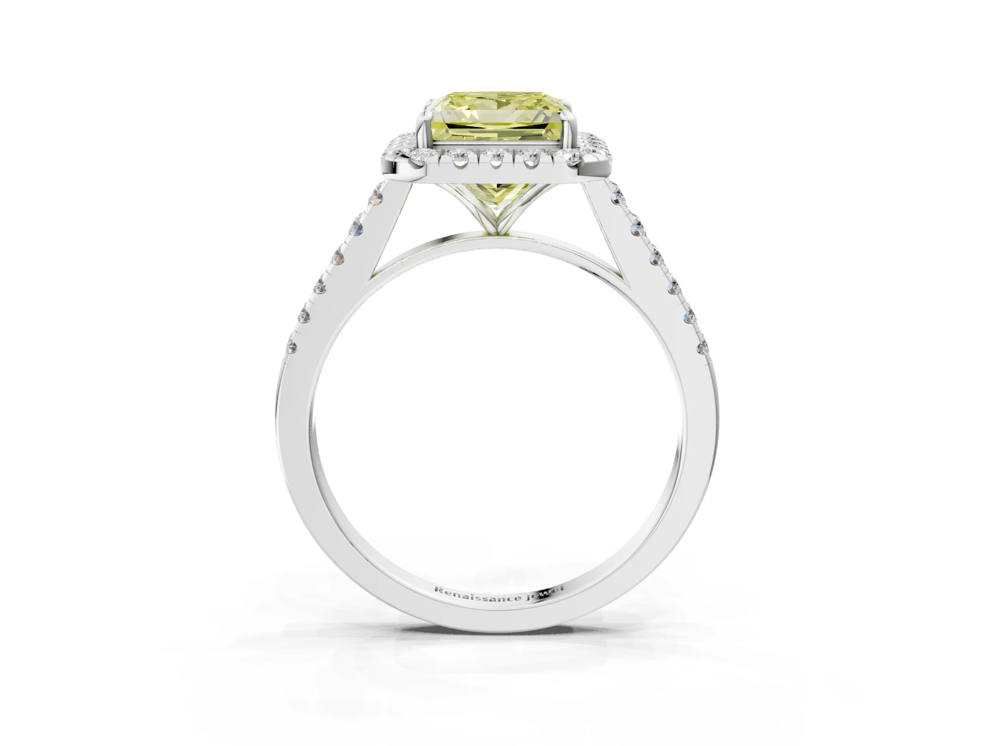 White gold Fancy Yellow Princess Cut Halo Pave Diamond Engagement Ring with Four-Prong Setting_3