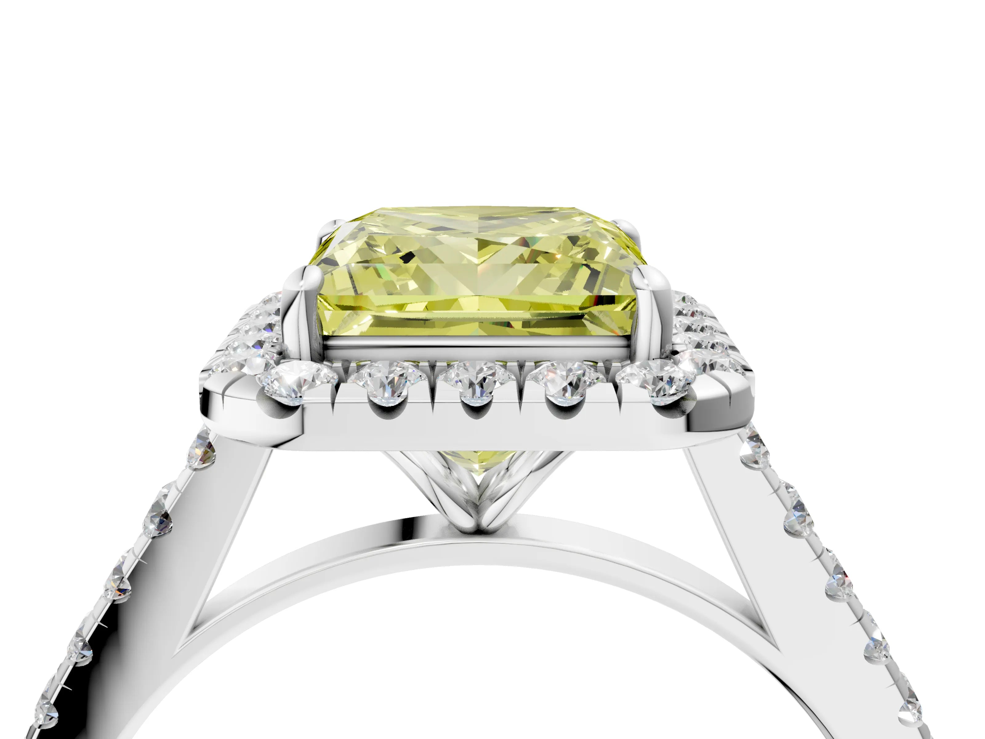 White gold Fancy Yellow Princess Cut Halo Pave Diamond Engagement Ring with Four-Prong Setting_4