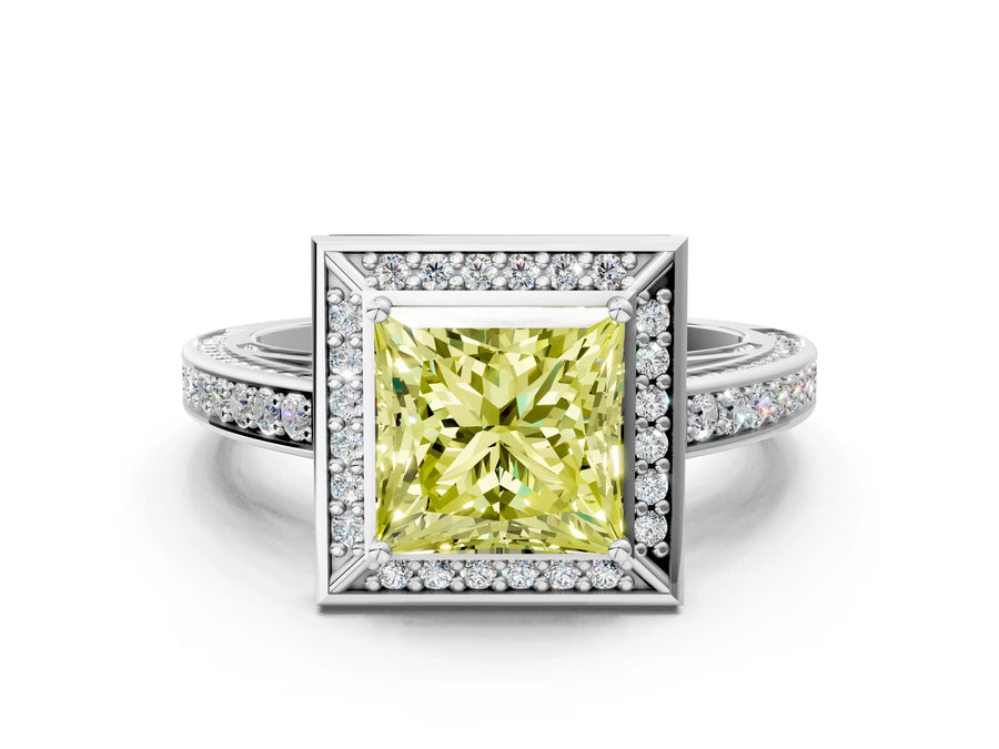 White gold Fancy Yellow Princess  Cut Halo Pave Split Shank Prong Setting Ring
