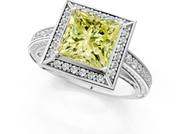 White gold Fancy Yellow Princess  Cut Halo Pave Split Shank Prong Setting Ring
