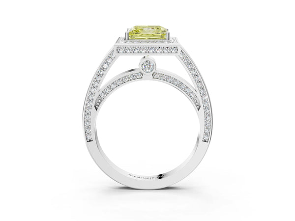 White gold Fancy Yellow Princess  Cut Halo Pave Split Shank Prong Setting Ring