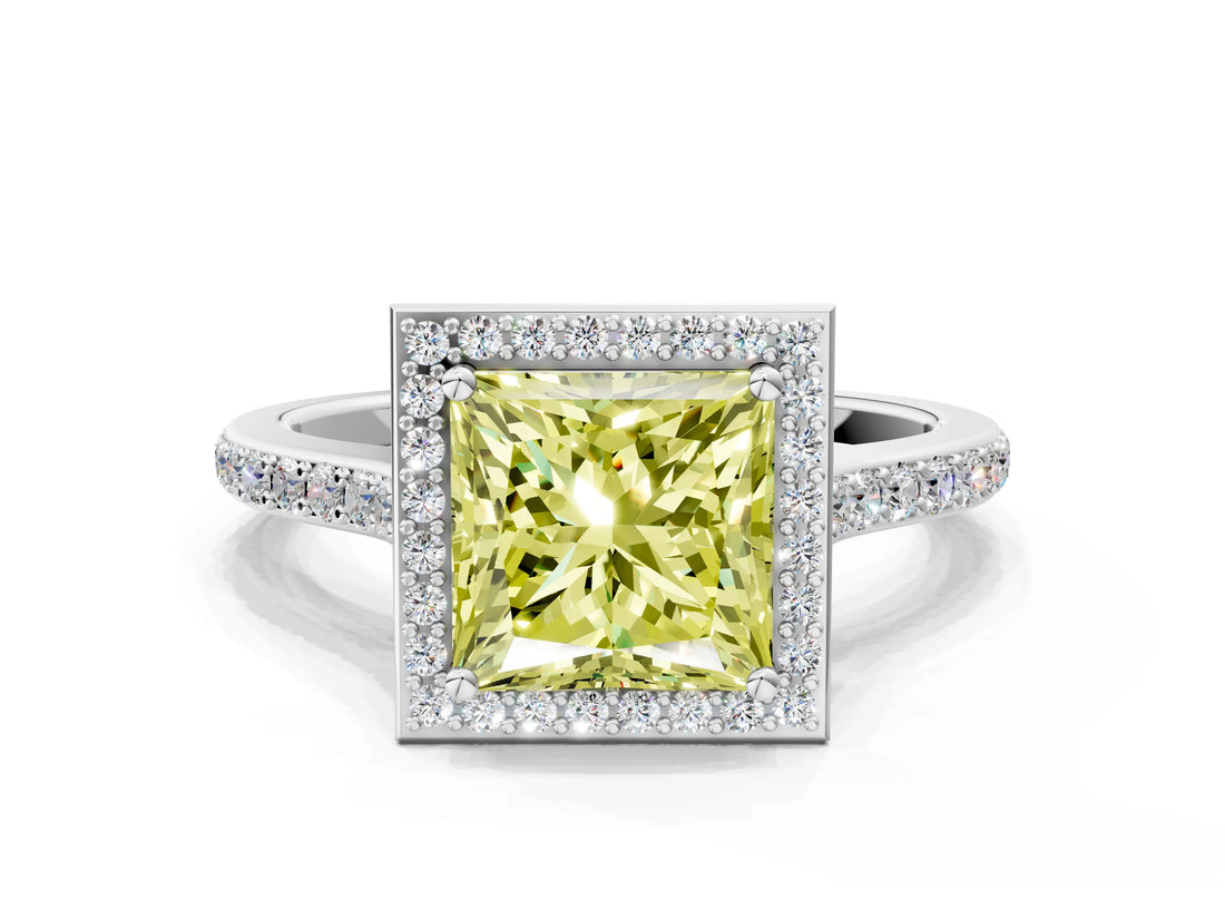 White gold Fancy Yellow Princess Cut Halo Round Diamond Pavé Band with Four-Prong Setting_45