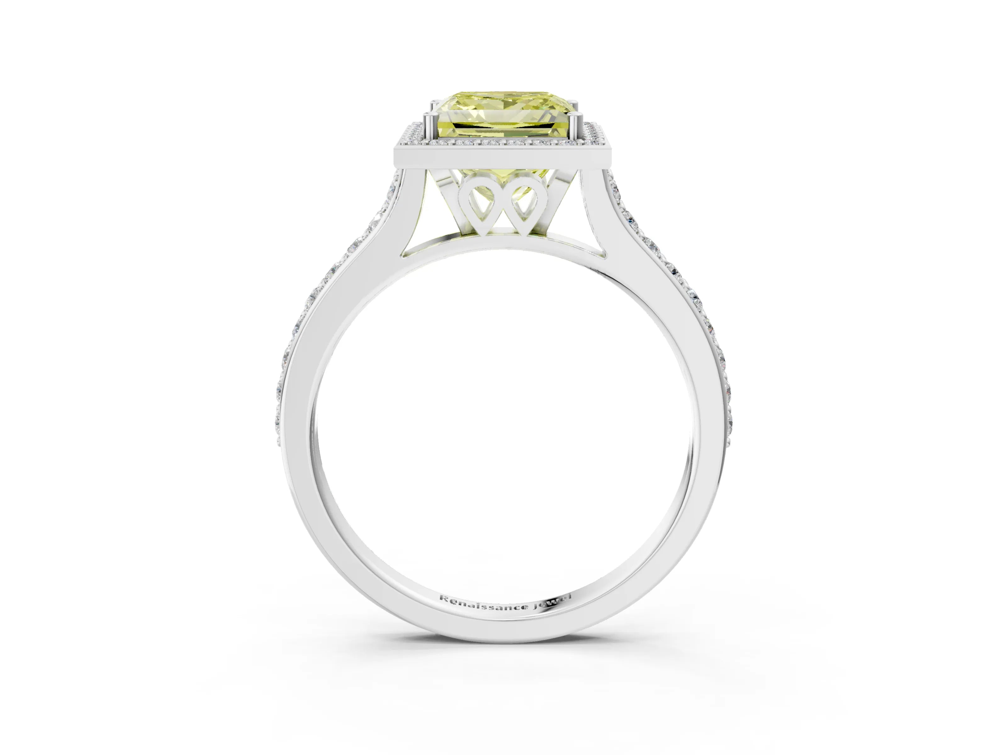 White gold Fancy Yellow Princess Cut Halo Round Diamond Pavé Band with Four-Prong Setting_48
