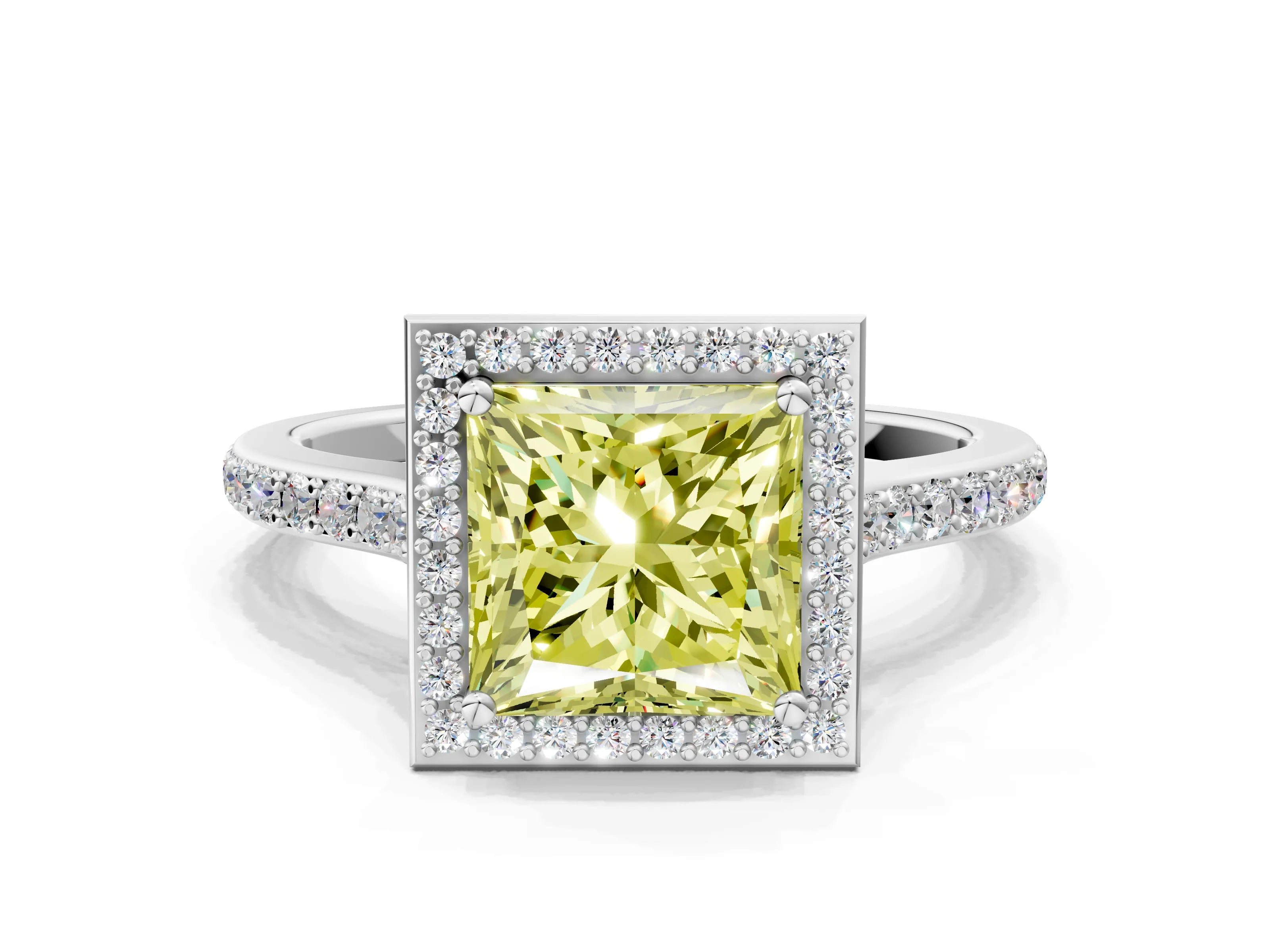 White gold Fancy Yellow Princess Cut Halo Round Diamond Pavé Band with Four-Prong Setting_50