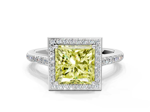 Platinum Fancy Yellow Princess Cut Halo Round Diamond Pavé Band with Four-Prong Setting