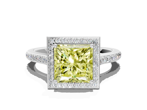White gold Fancy Yellow Princess Cut Halo Round Diamond Pavé Band with Four-Prong Setting_57