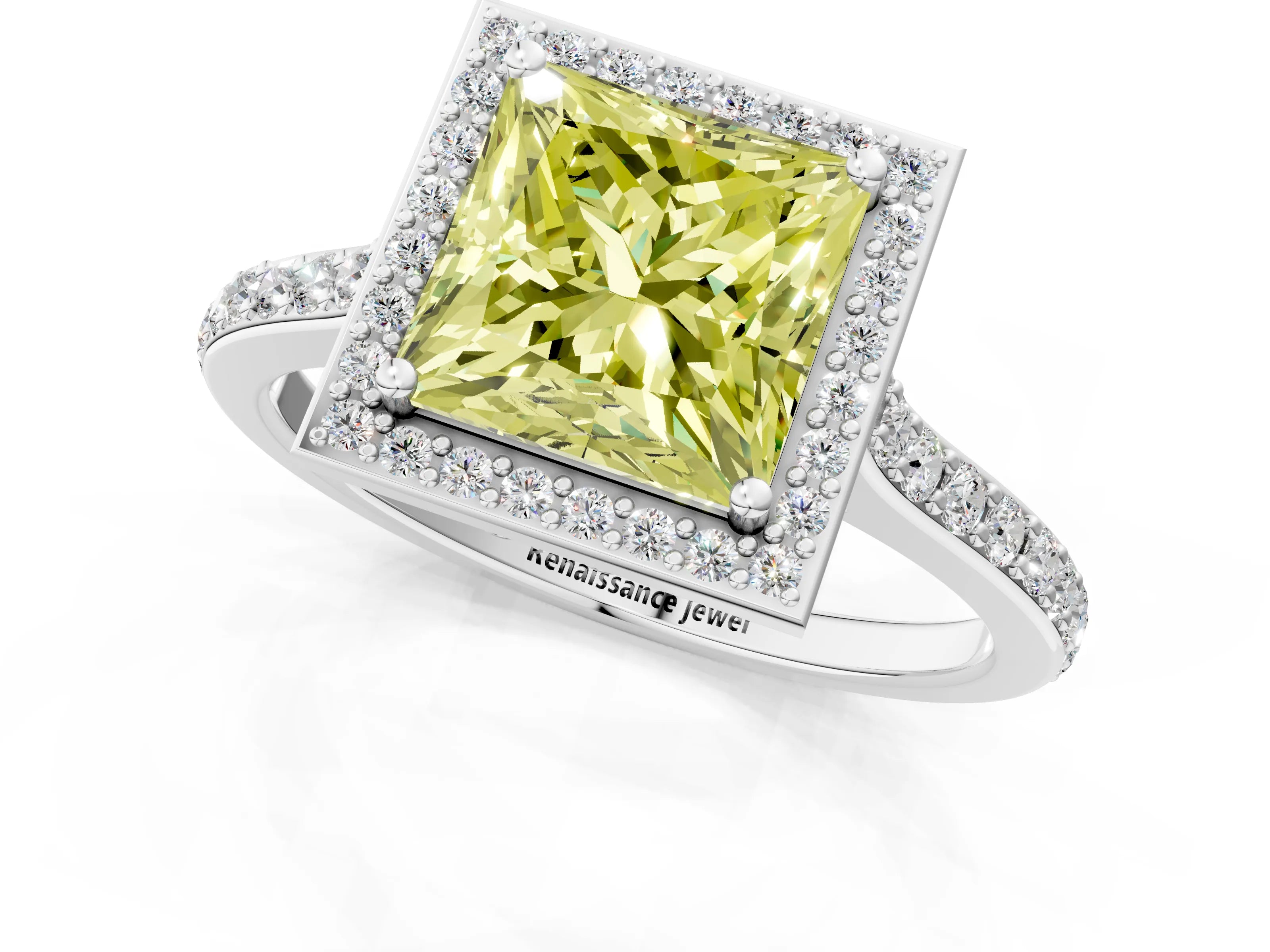 White gold Fancy Yellow Princess Cut Halo Round Diamond Pavé Band with Four-Prong Setting_58