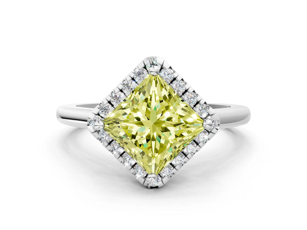 Platinum Fancy Yellow Princess Cut Halo Round Diamond Solitaire Engagement Ring with Pave Band and Four-Prong Setting