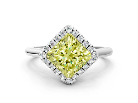 White gold Fancy Yellow Princess Cut Halo Round Diamond Solitaire Engagement Ring with Pave Band and Four-Prong Setting_24