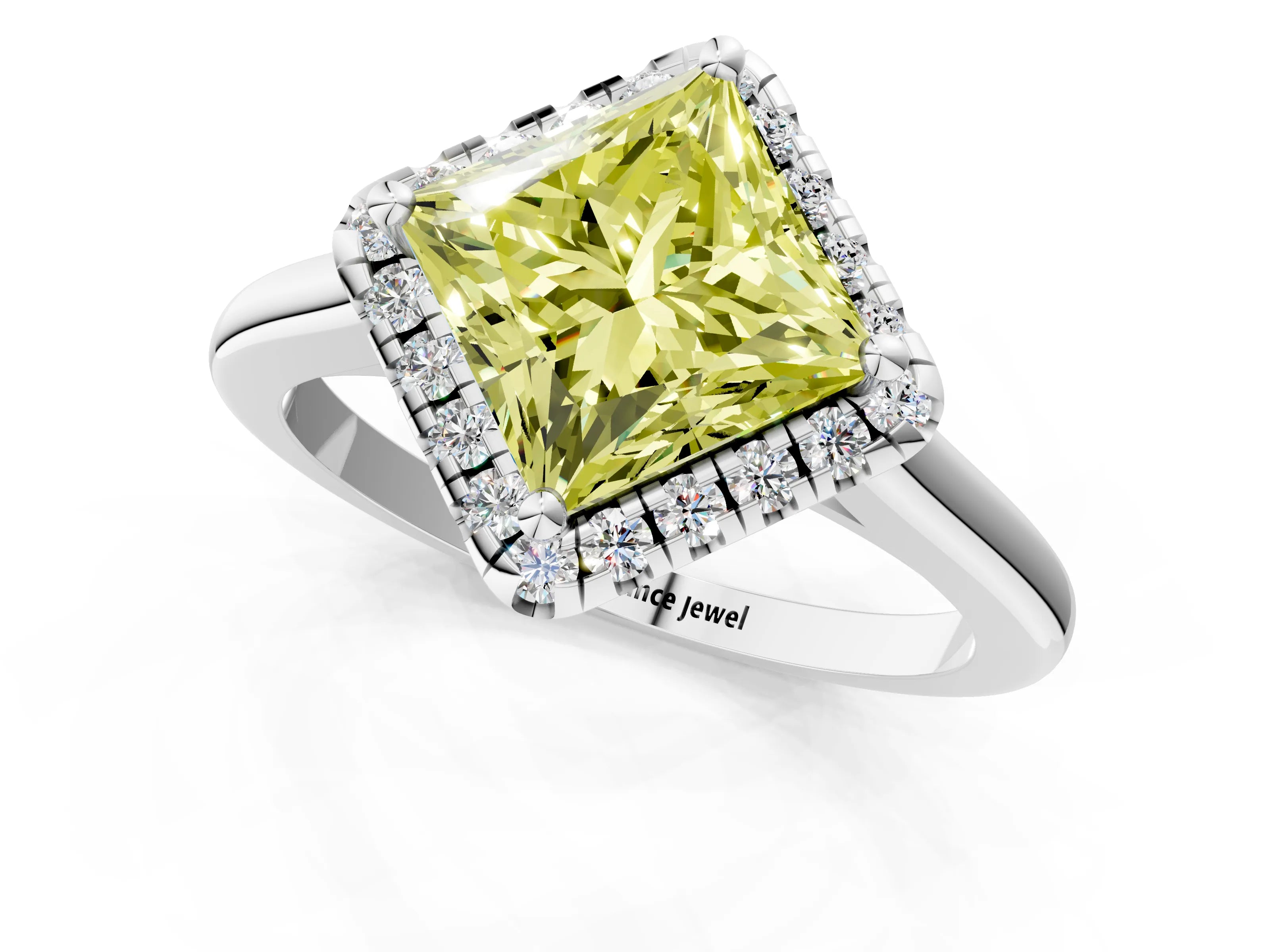 White gold Fancy Yellow Princess Cut Halo Round Diamond Solitaire Engagement Ring with Pave Band and Four-Prong Setting_26