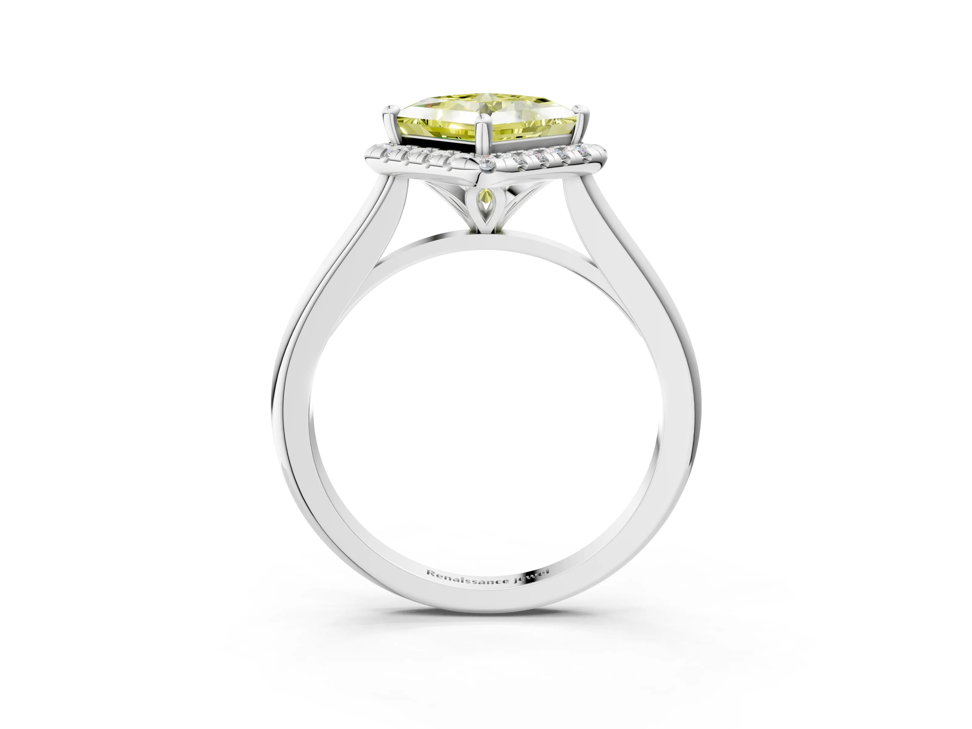 White gold Fancy Yellow Princess Cut Halo Round Diamond Solitaire Engagement Ring with Pave Band and Four-Prong Setting_27