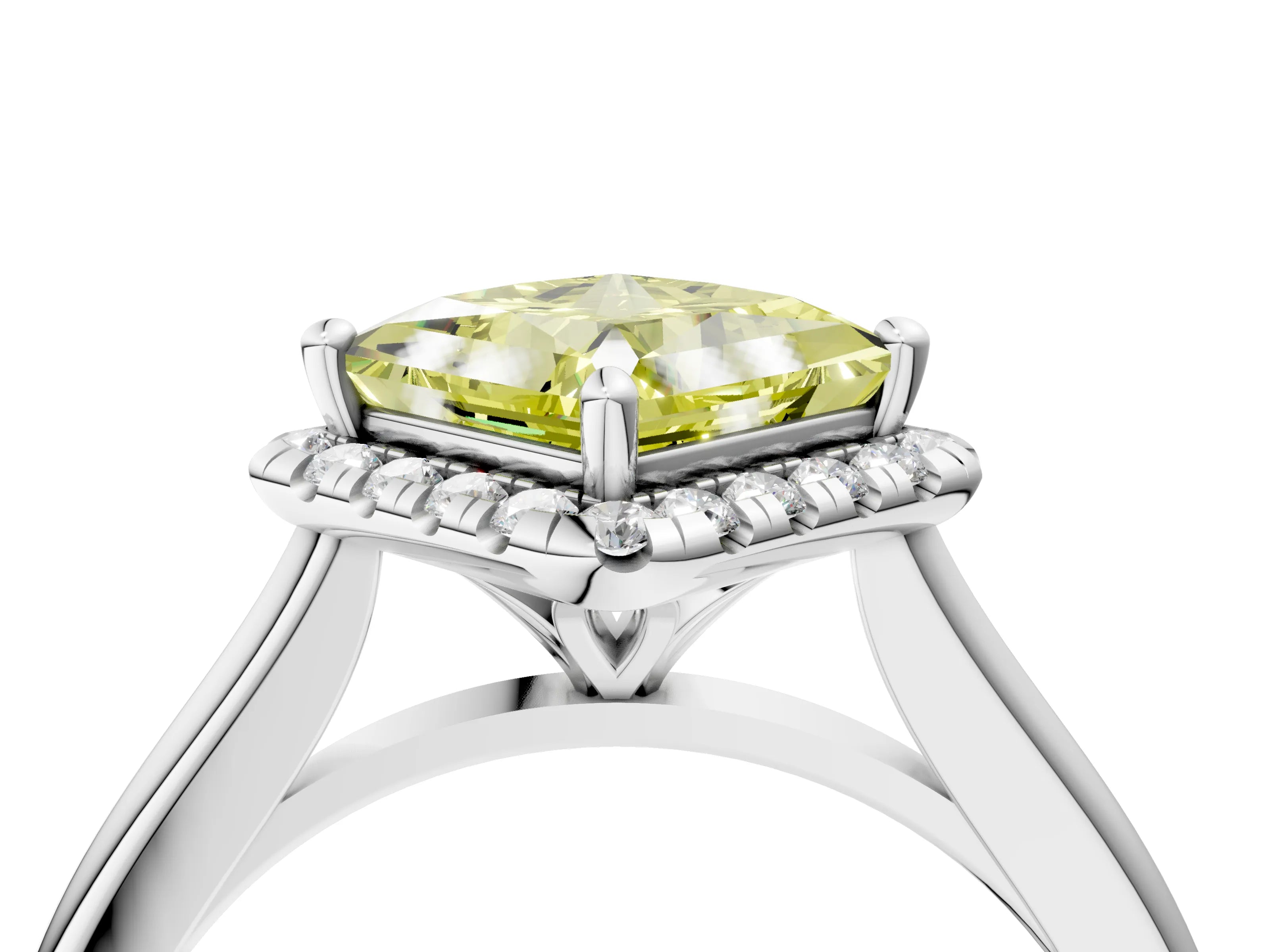 White gold Fancy Yellow Princess Cut Halo Round Diamond Solitaire Engagement Ring with Pave Band and Four-Prong Setting_28