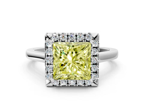 White gold Fancy Yellow Princess Cut Halo Round Diamond Solitaire Ring with Pavé Band and Four-Prong Setting_12