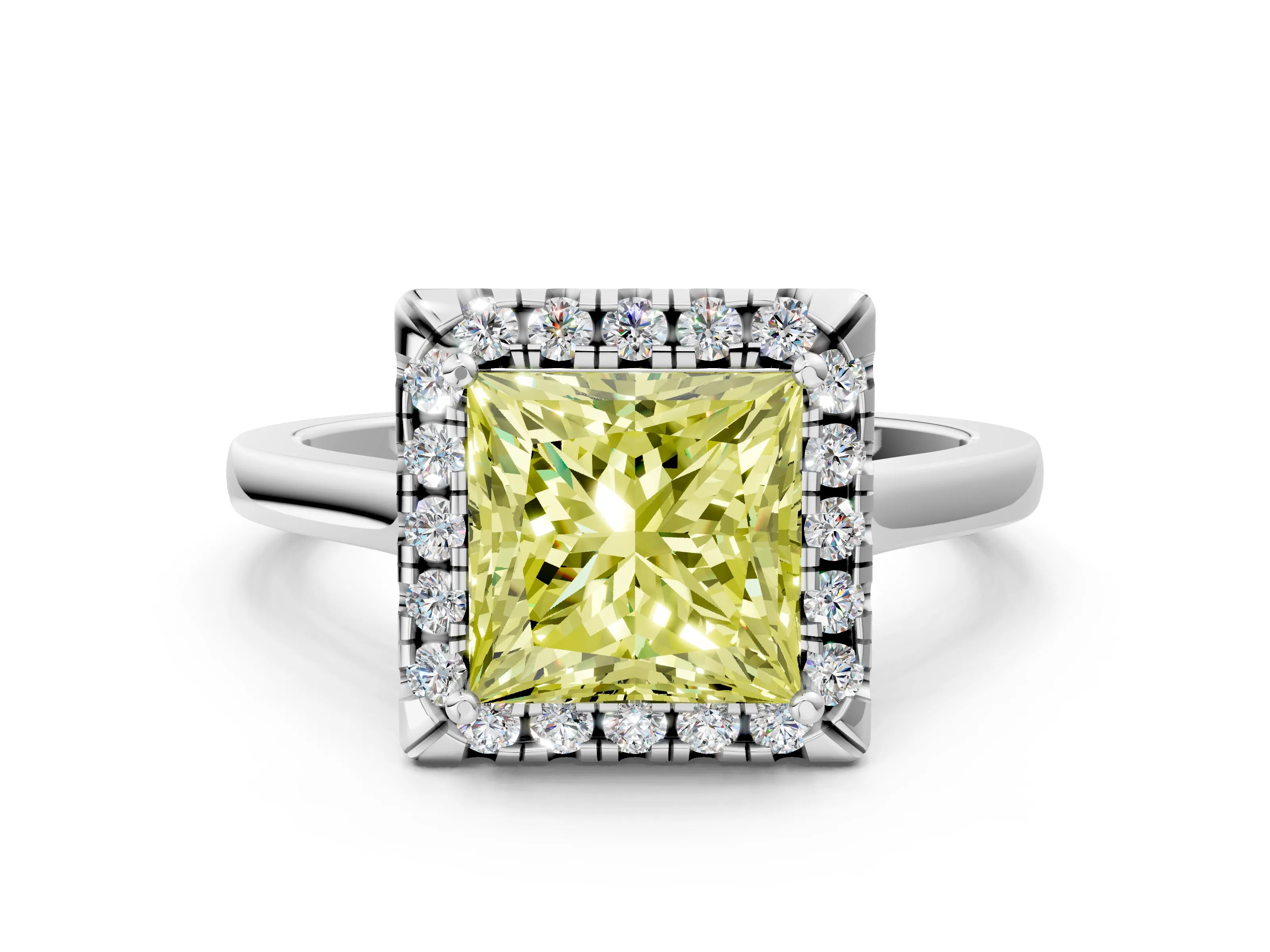 White gold Fancy Yellow Princess Cut Halo Round Diamond Solitaire Ring with Pavé Band and Four-Prong Setting_13