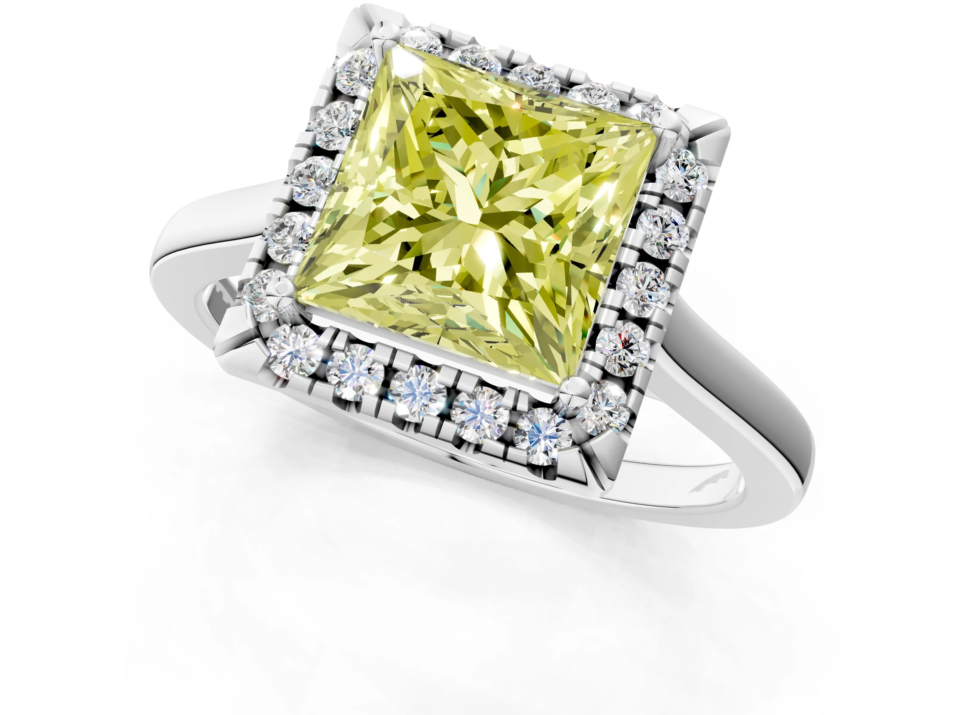 White gold Fancy Yellow Princess Cut Halo Round Diamond Solitaire Ring with Pavé Band and Four-Prong Setting_13