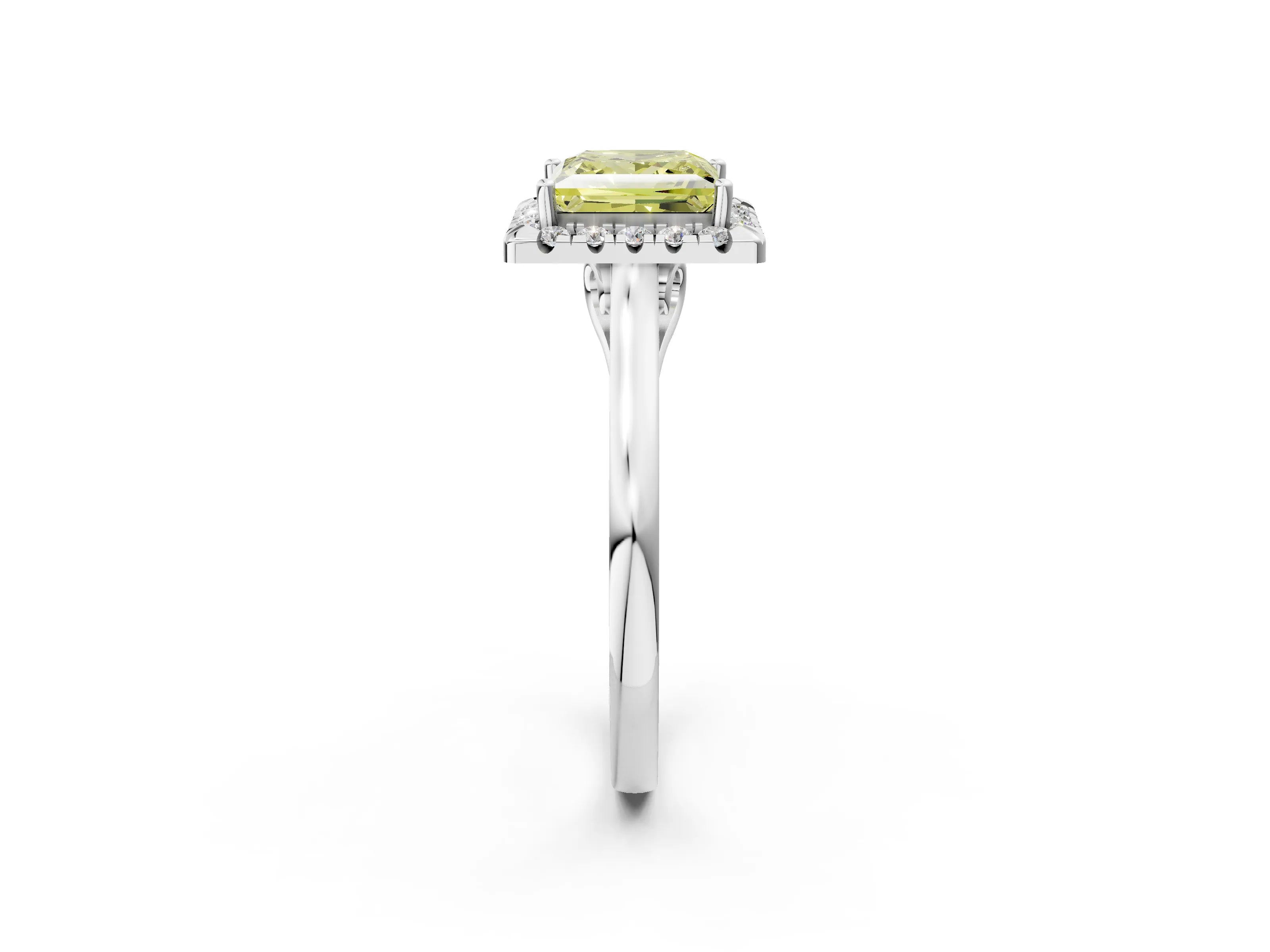 White gold Fancy Yellow Princess Cut Halo Round Diamond Solitaire Ring with Pavé Band and Four-Prong Setting_14