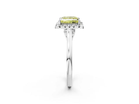 White gold Fancy Yellow Princess Cut Halo Round Diamond Solitaire Ring with Pavé Band and Four-Prong Setting_14