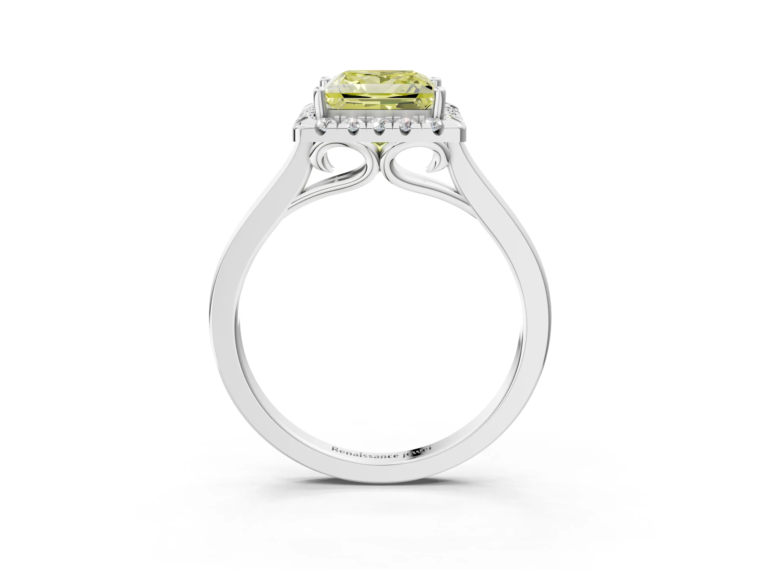 White gold Fancy Yellow Princess Cut Halo Round Diamond Solitaire Ring with Pavé Band and Four-Prong Setting_15