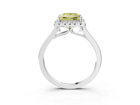 White gold Fancy Yellow Princess Cut Halo Round Diamond Solitaire Ring with Pavé Band and Four-Prong Setting_15