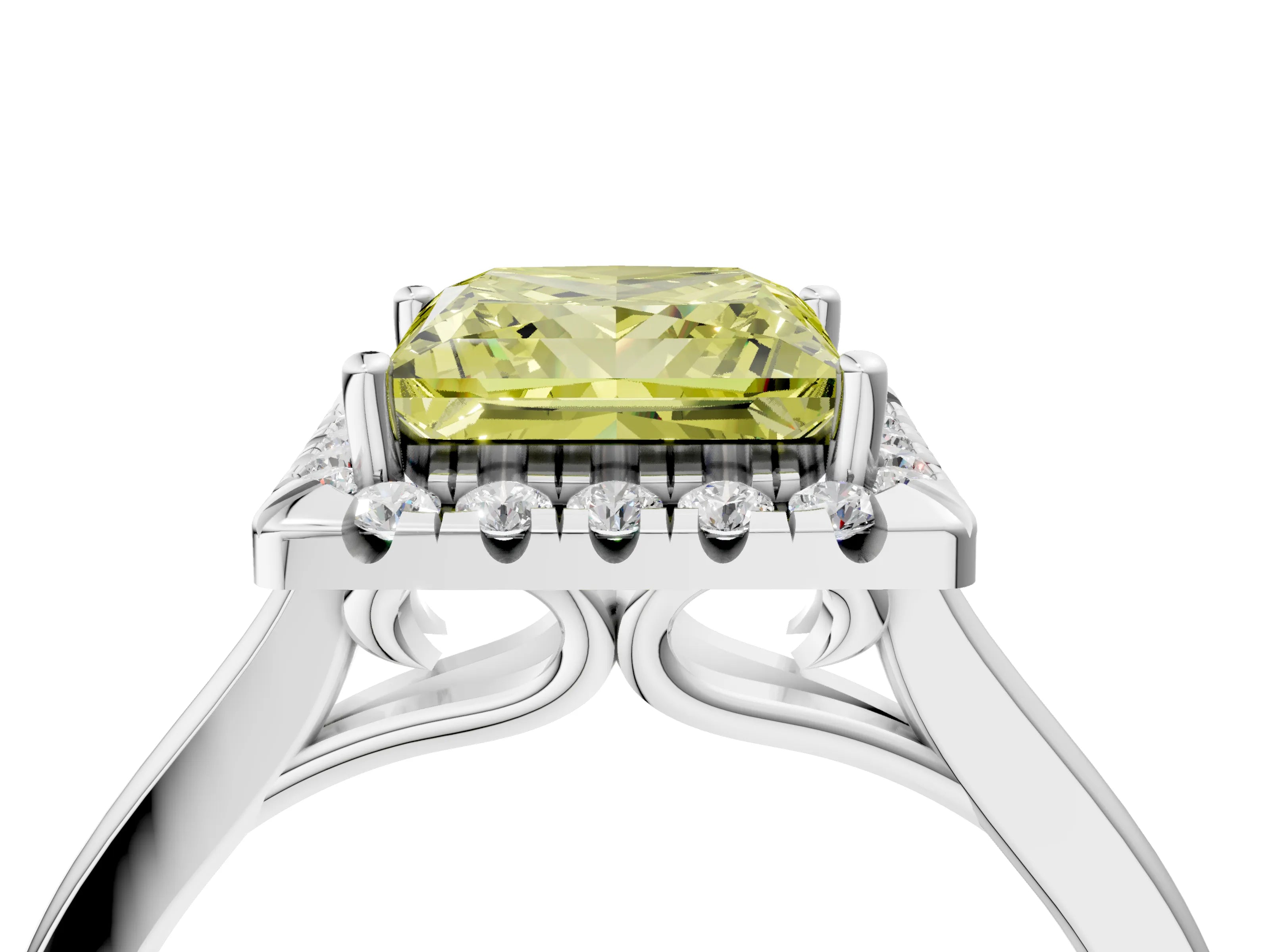 White gold Fancy Yellow Princess Cut Halo Round Diamond Solitaire Ring with Pavé Band and Four-Prong Setting_16