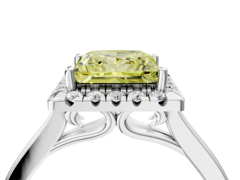 White gold Fancy Yellow Princess Cut Halo Round Diamond Solitaire Ring with Pavé Band and Four-Prong Setting_16