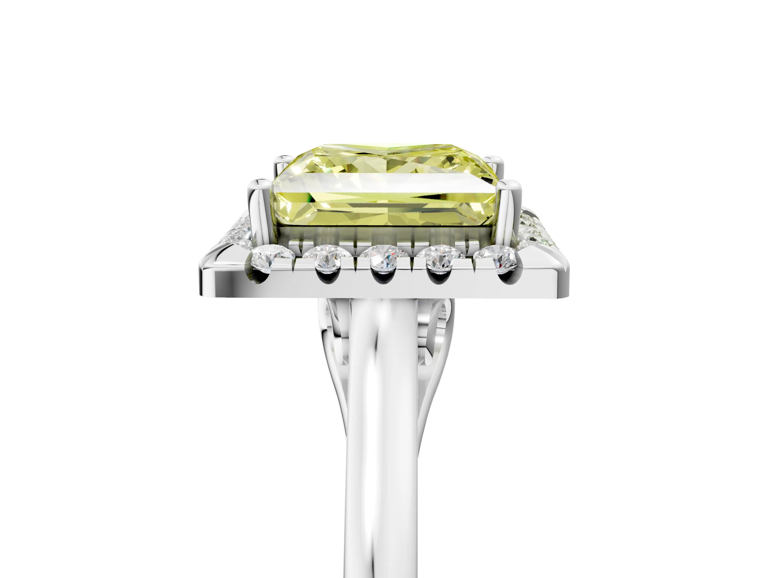 White gold Fancy Yellow Princess Cut Halo Round Diamond Solitaire Ring with Pavé Band and Four-Prong Setting_18