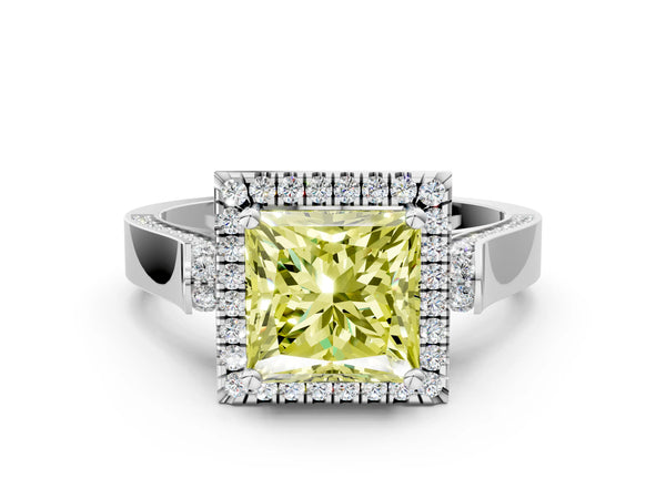 White gold Fancy Yellow Princess Cut Halo Round Diamond Twist Band with Four-Prong Setting