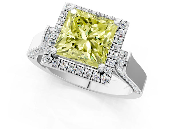 White gold Fancy Yellow Princess Cut Halo Round Diamond Twist Band with Four-Prong Setting