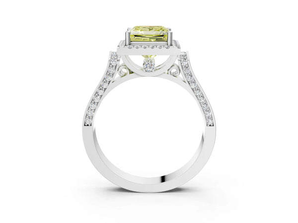 White gold Fancy Yellow Princess Cut Halo Round Diamond Twist Band with Four-Prong Setting