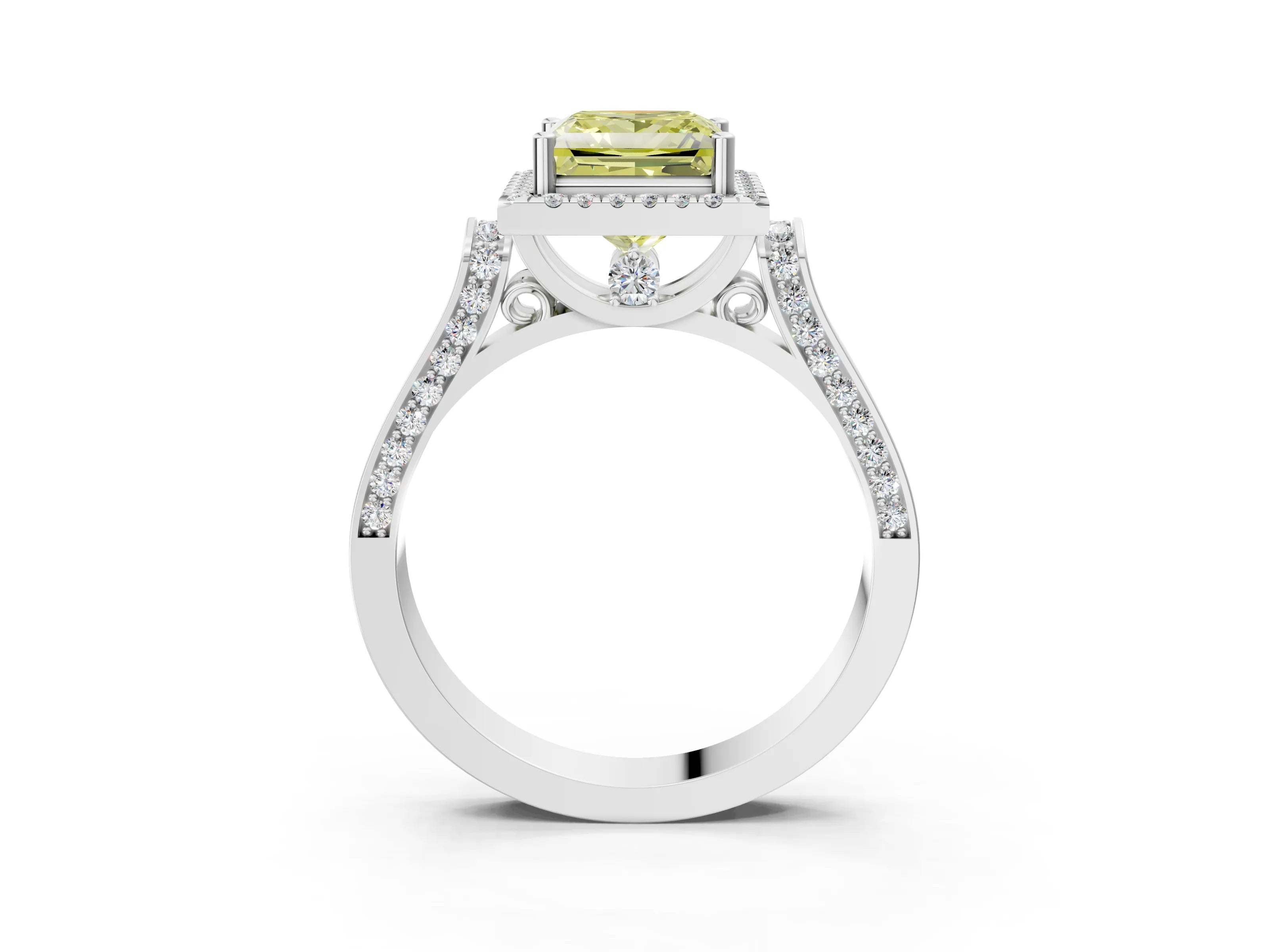 White gold Fancy Yellow Princess Cut Halo Round Diamond Twist Band with Four-Prong Setting_3