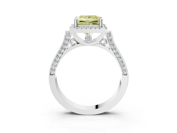 White gold Fancy Yellow Princess Cut Halo Round Diamond Twist Band with Four-Prong Setting