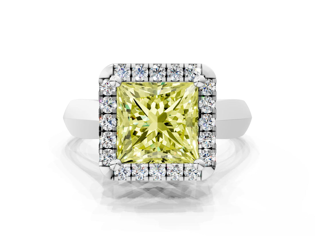 White gold Fancy Yellow Princess  Cut Halo Solitaire Engagement Ring with Square Band and Four-Prong Setting_111