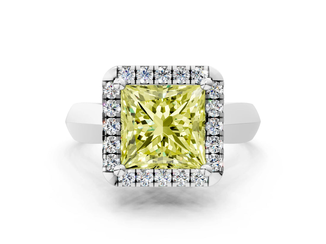 White gold Fancy Yellow Princess  Cut Halo Solitaire Engagement Ring with Square Band and Four-Prong Setting_12