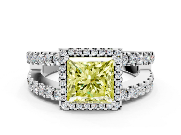 Platinum Fancy Yellow Princess  Cut Halo Split Shank Diamond Ring with Four-Prong Setting