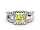 White gold Fancy Yellow Princess  Cut Halo Split Shank Diamond Ring with Four-Prong Setting