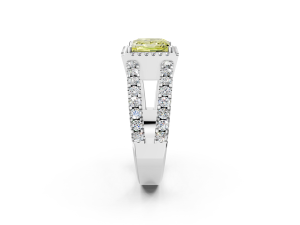 Platinum Fancy Yellow Princess  Cut Halo Split Shank Diamond Ring with Four-Prong Setting