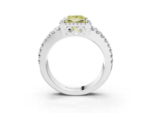 Platinum Fancy Yellow Princess  Cut Halo Split Shank Diamond Ring with Four-Prong Setting