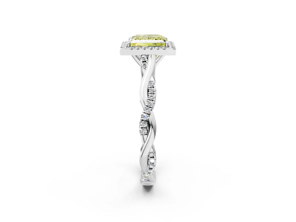 Platinum Fancy Yellow Princess Cut Halo Twist Band with Four-Prong Setting