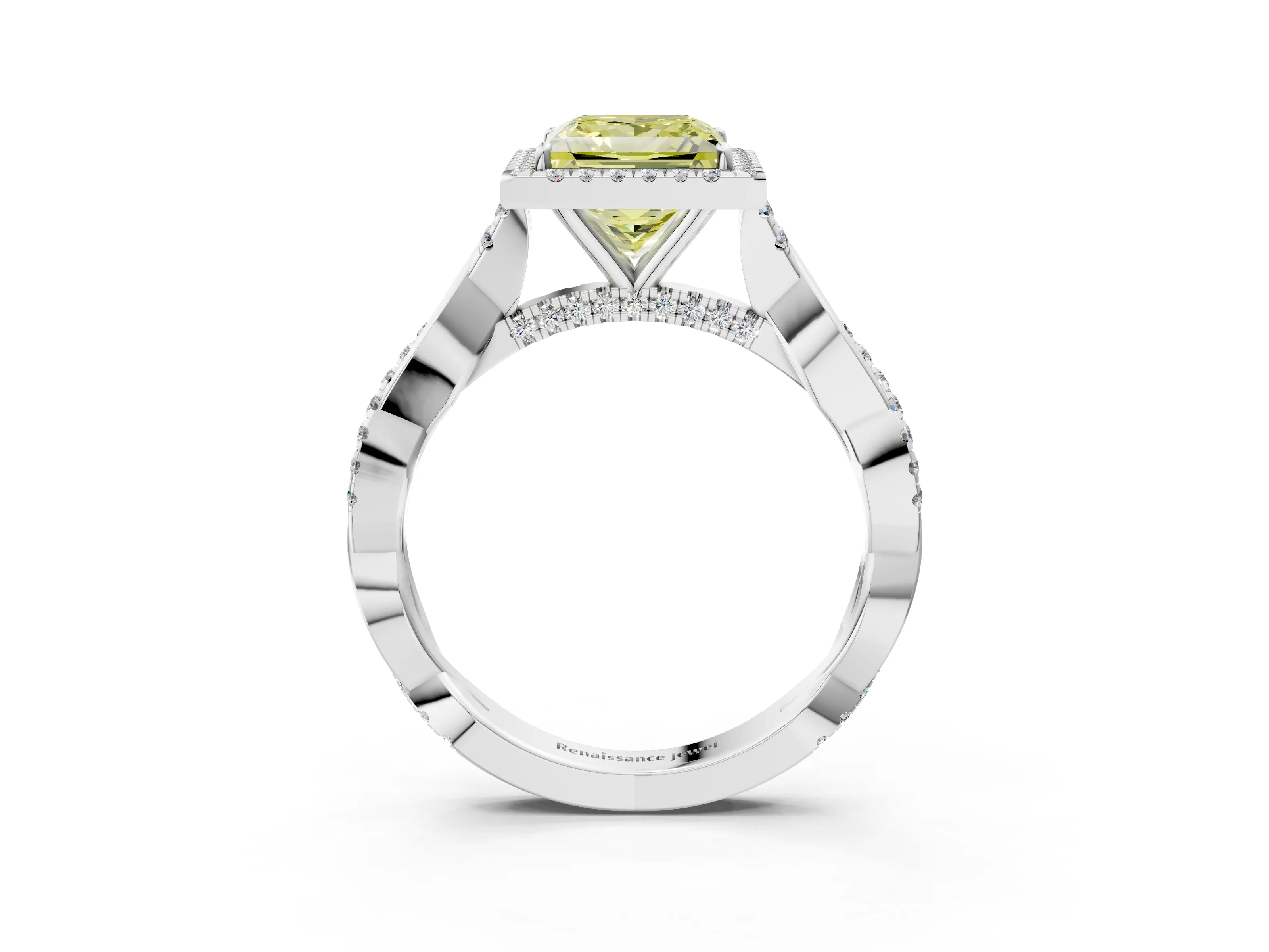 White gold Fancy Yellow Princess Cut Halo Twist Band with Four-Prong Setting_3