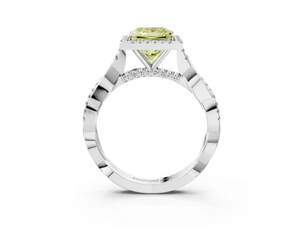 Platinum Fancy Yellow Princess Cut Halo Twist Band with Four-Prong Setting